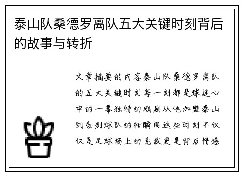 泰山队桑德罗离队五大关键时刻背后的故事与转折